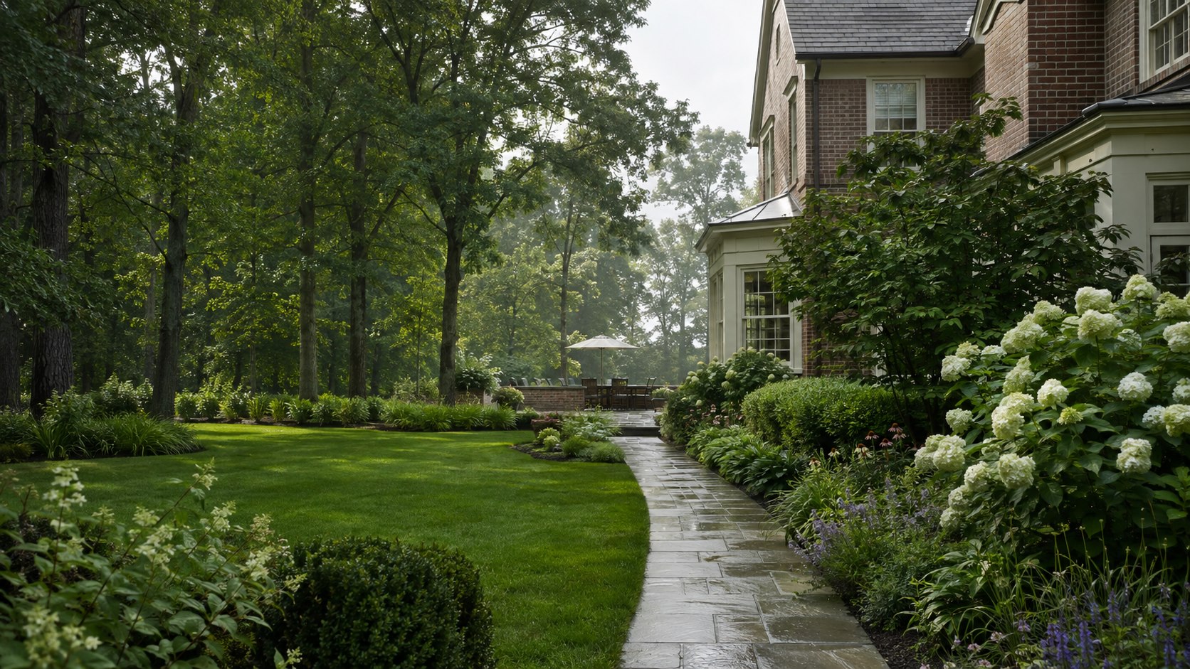 Layered garden, mature trees and a stone walkway in coastal Virginia